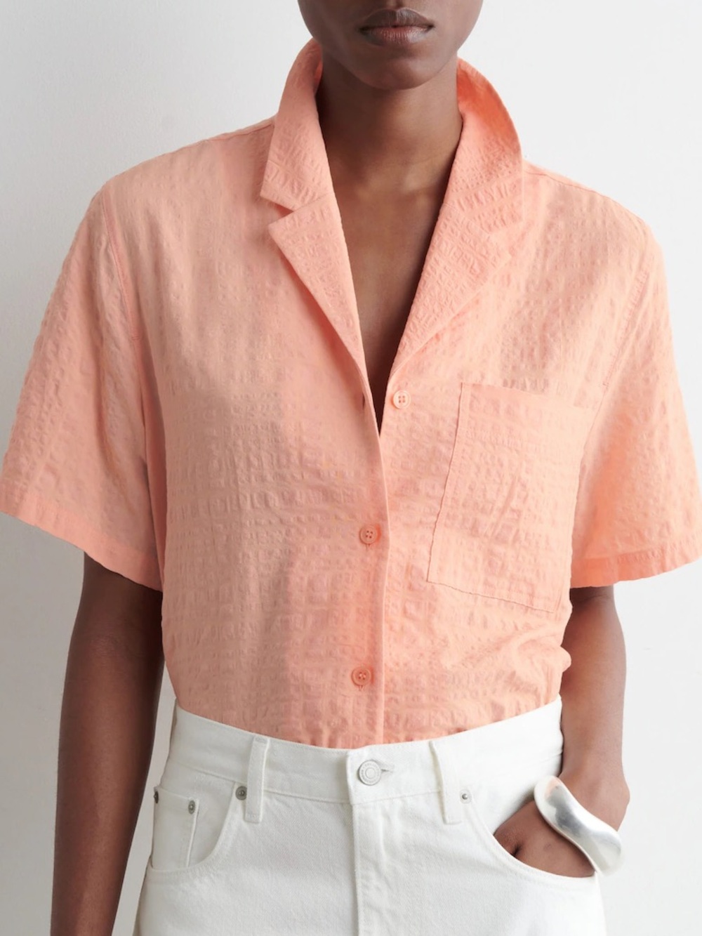 COS Textured Resort Shirt Apricot Light Orange Short Sleeve Button Down Size 4